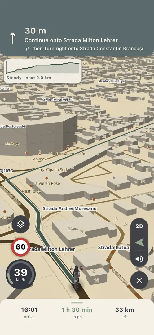 Ride Beyond navigating through Cluj-Napoca on a 3D map, with the rider's own bike on the route, the next turn and the speed limit