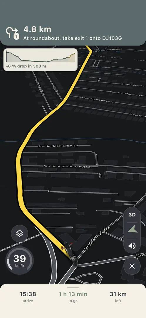 Navigation on the Dark map with a bright yellow route line