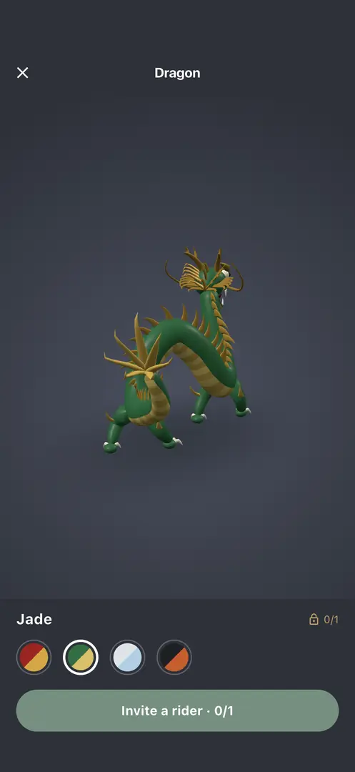 The look page showing the dragon in Jade with four colour swatches