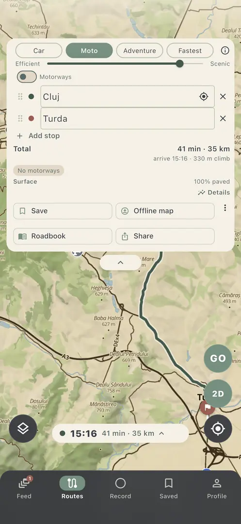 The planner with the Car, Moto, Adventure and Fastest chips and the Efficient to Scenic slider, on a route from Cluj to Turda