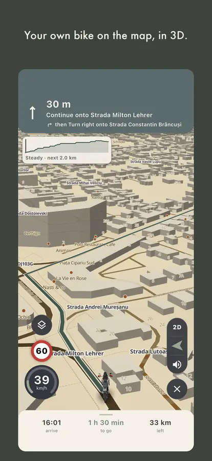 Your own bike on the map, in 3D.