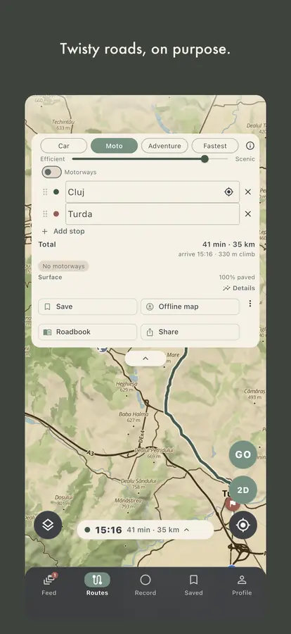 Twisty roads, on purpose: the planner in Moto mode.
